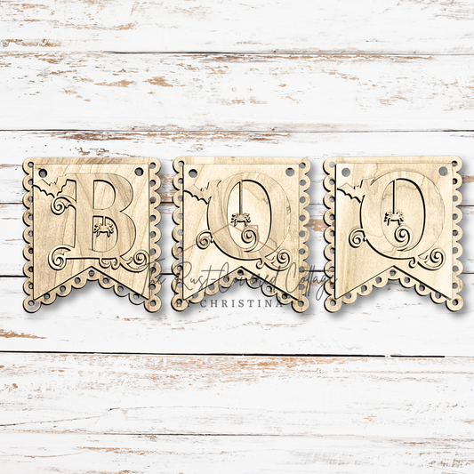 Boo Banner DIY Wood Kit | Halloween Garland | Laser Cut 1/4" Birch | Unfinished Scalloped Banner Set