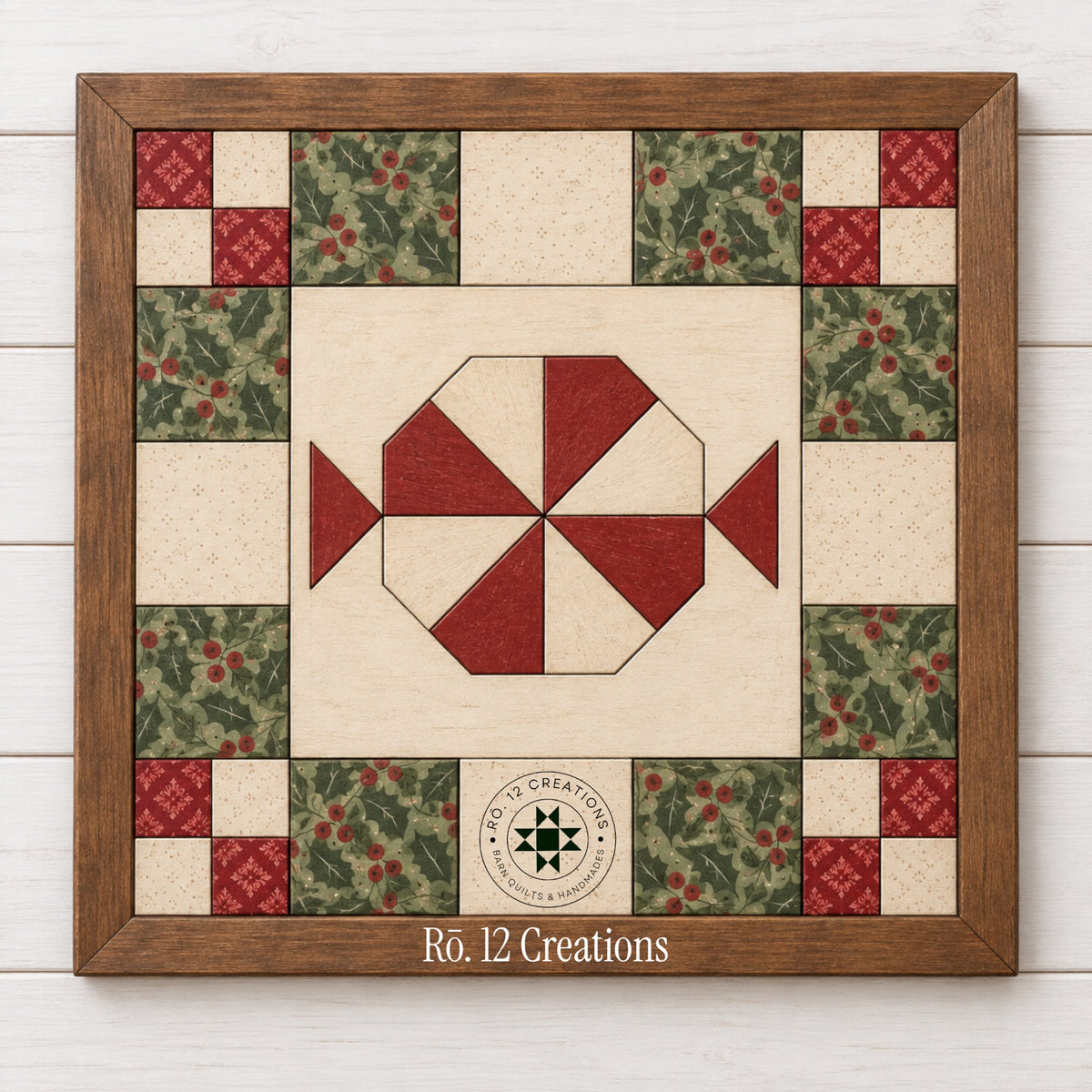 Finished Candy Christmas Quilt Block by Rō.12 Creations in red green and cream Christmas colors