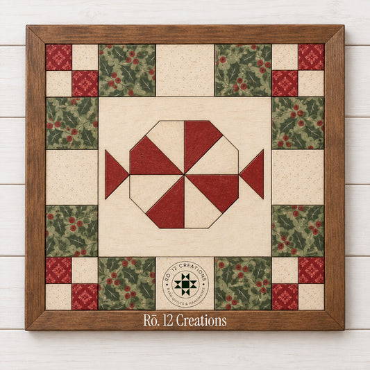 Finished Candy Christmas Quilt Block by Rō.12 Creations in red green and cream Christmas colors