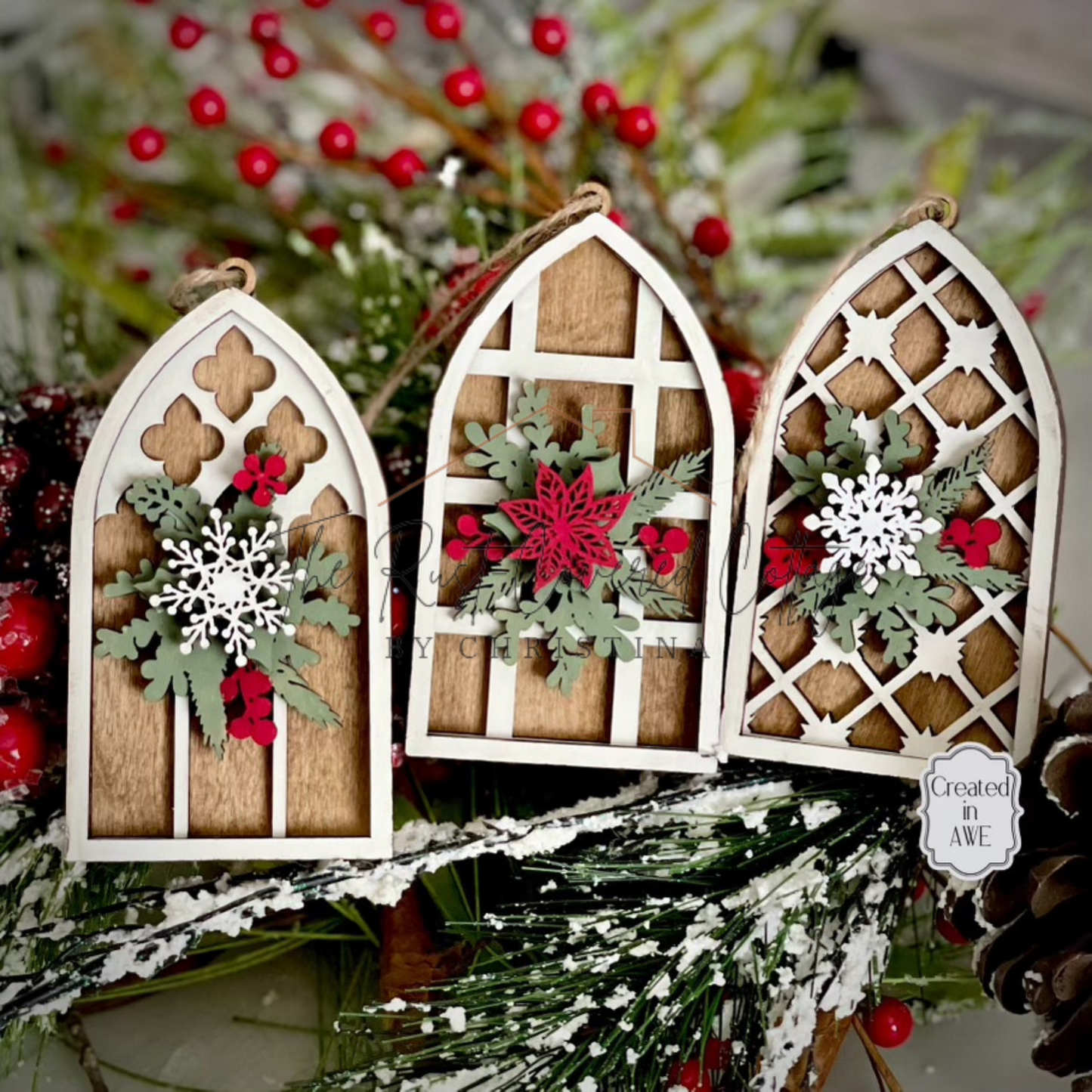 Cathedral Window Ornaments with Holly Embellishments – DIY Laser-Cut Birch