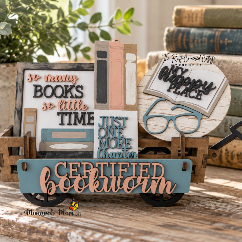 Finished Certified Bookworm wagon insert displayed in a cozy vintage reading nook with stacked books, greenery, and warm natural light.