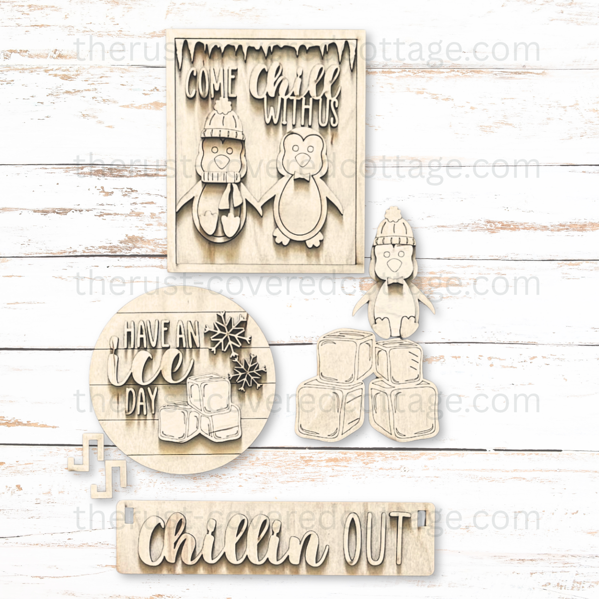 Chillin' Out Insert unfinished DIY wood kit with penguins winter signs snowflakes and ice pieces