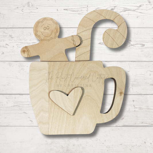 Christmas Cup DIY Wood Kit | 3-Layer Laser Cut Birch (5.5" x 7.25") with Gingerbread Man, Candy Cane & Heart