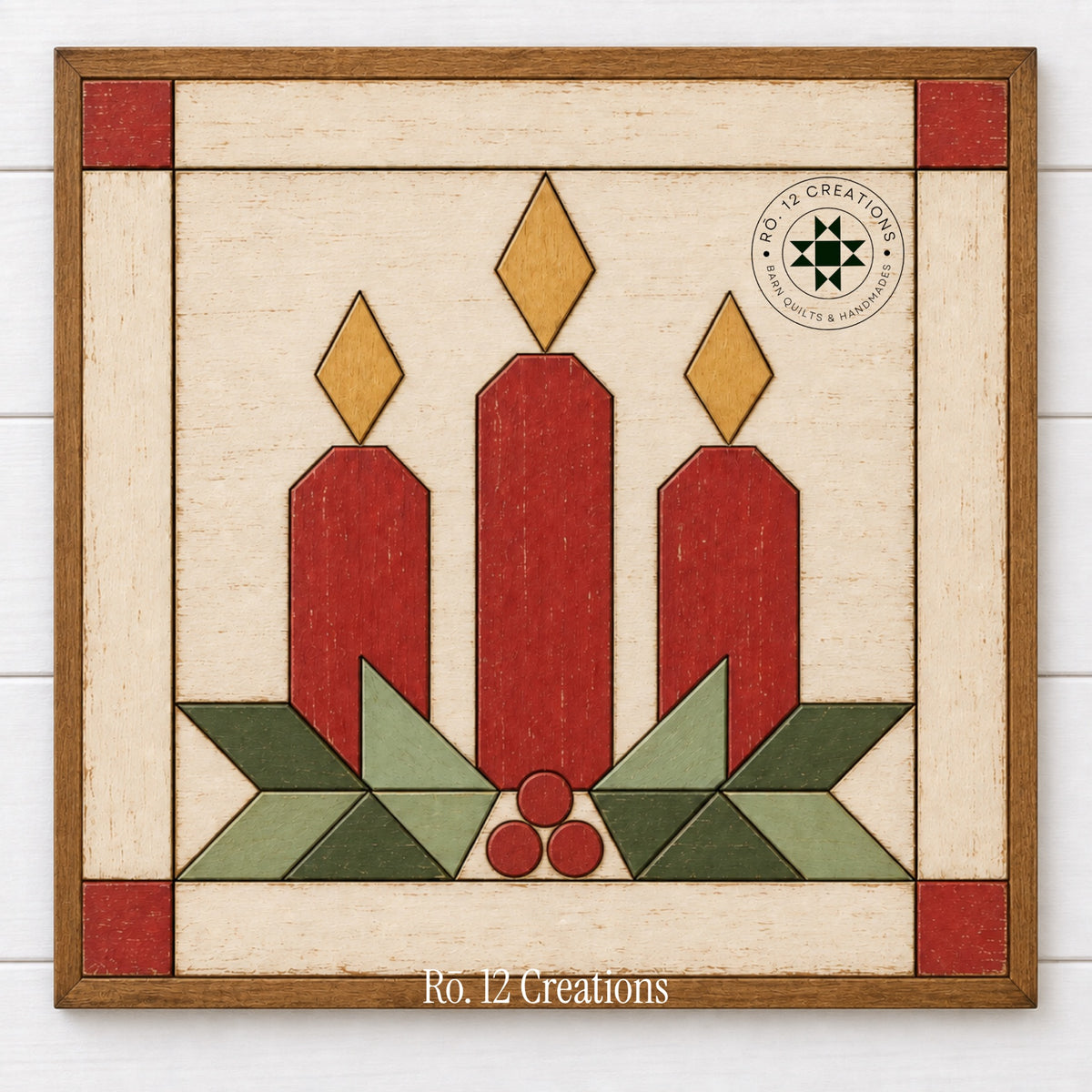 Finished Christmas Candlelight Quilt Block by Rō.12 Creations with red candles and green foliage