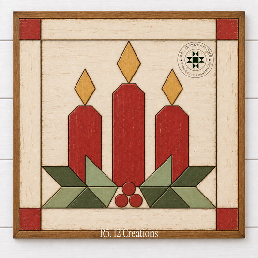 Finished Christmas Candlelight Quilt Block by Rō.12 Creations with red candles and green foliage
