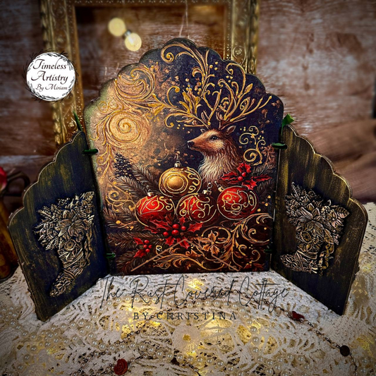 Decorated Art Panel Set opened to a deer and Christmas ornament scene, with dark green textured side panels.