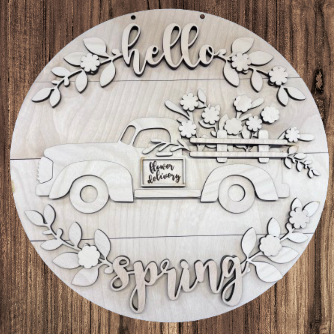 Hello Spring- Vintage Truck door hanger