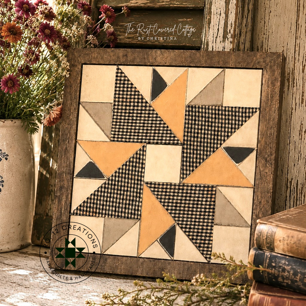 Finished Double Aster 10.5-inch wooden quilt block kit in cream, ochre, gray and black gingham, styled in a vintage farmhouse setting.