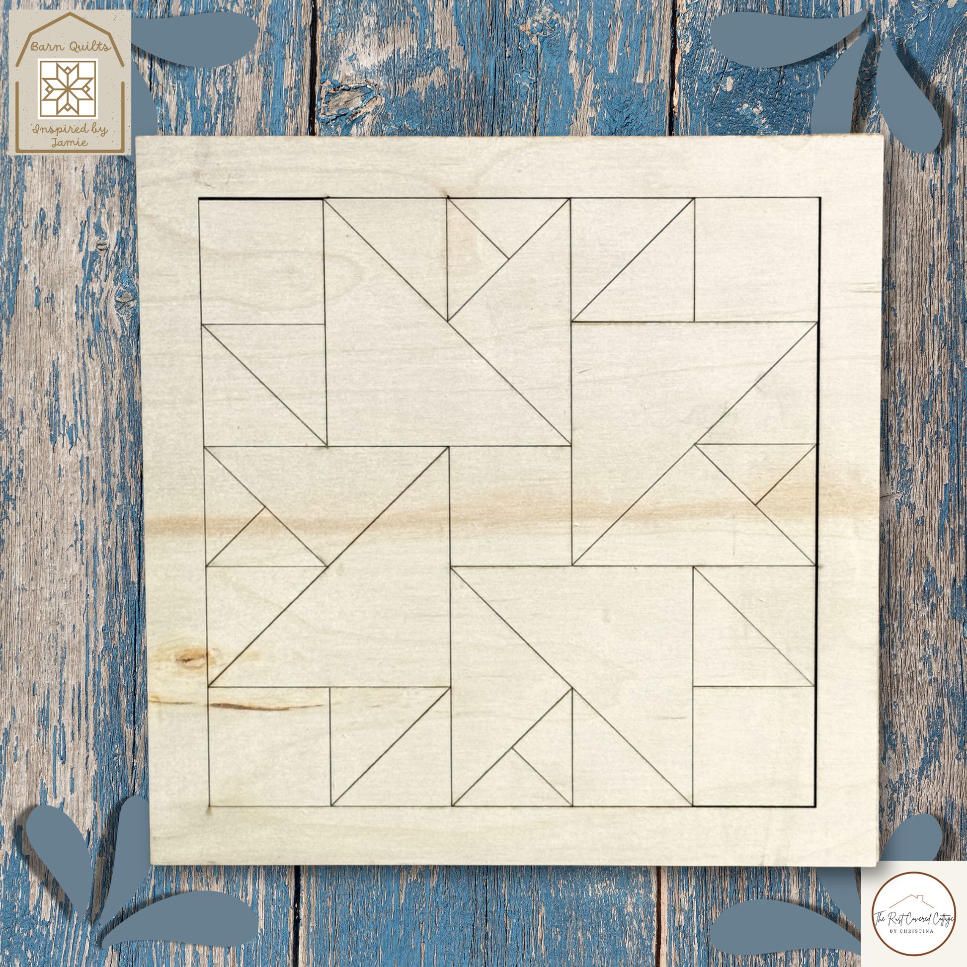 Unfinished Double Aster barn quilt DIY wood kit featuring two layered geometric floral motifs