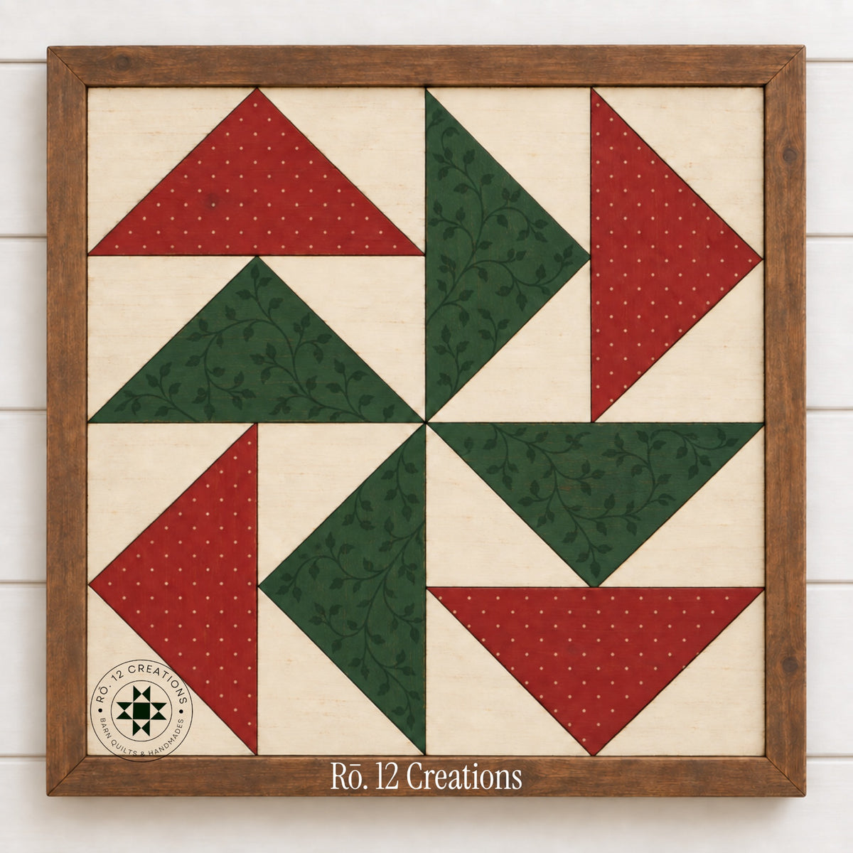 Finished Dutchman's Puzzle Quilt Block by Rō.12 Creations in red green and cream