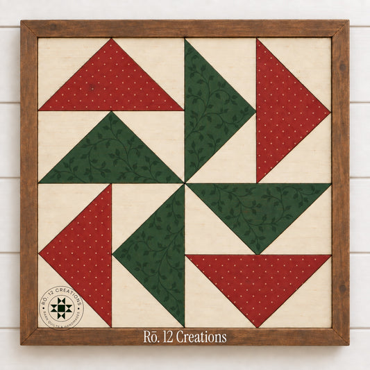 Finished Dutchman's Puzzle Quilt Block by Rō.12 Creations in red green and cream