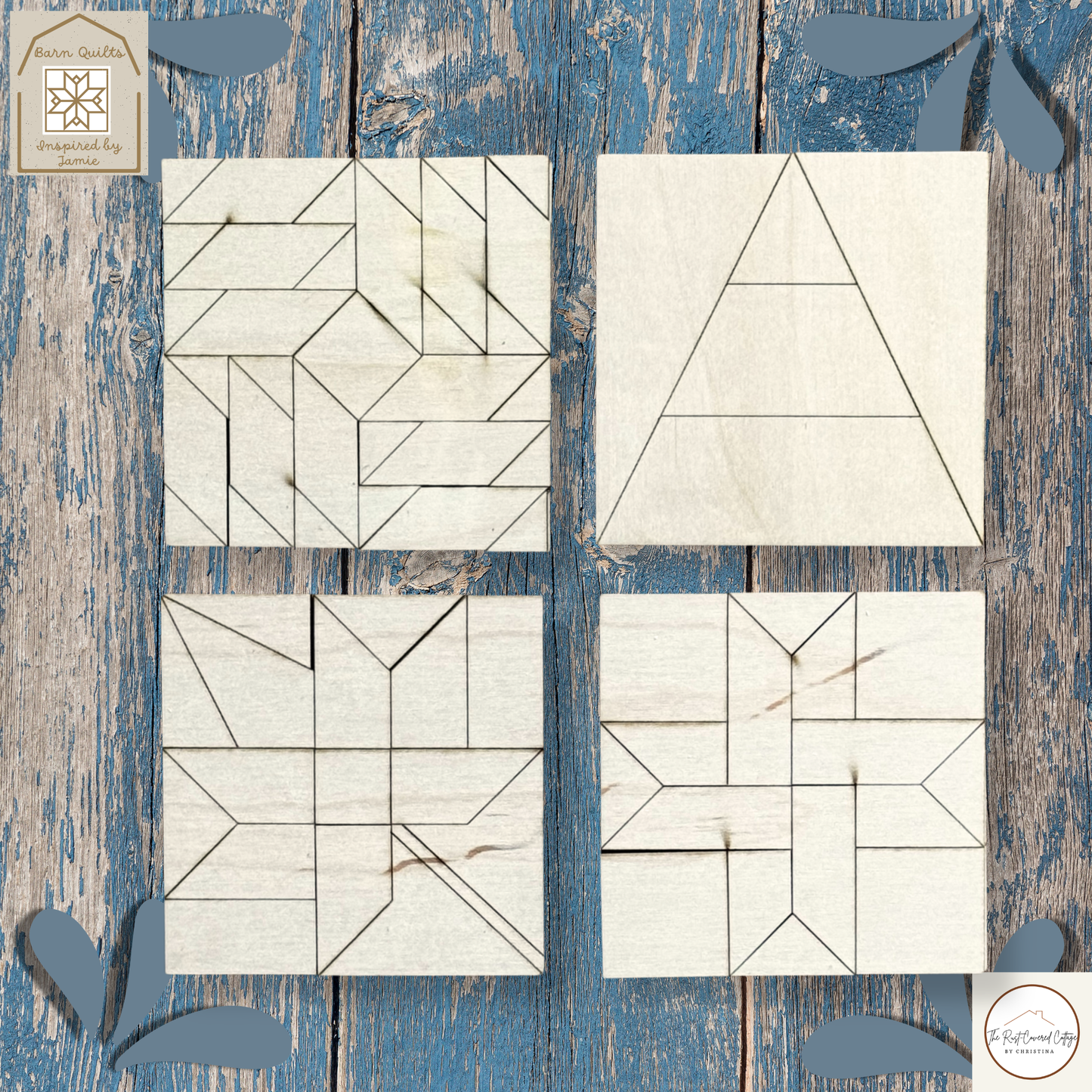 Set of four unfinished Fall Mini Quilt Block DIY wood kits featuring Candy Corn, Braided Star, Maple Leaf and Twisted Ties designs