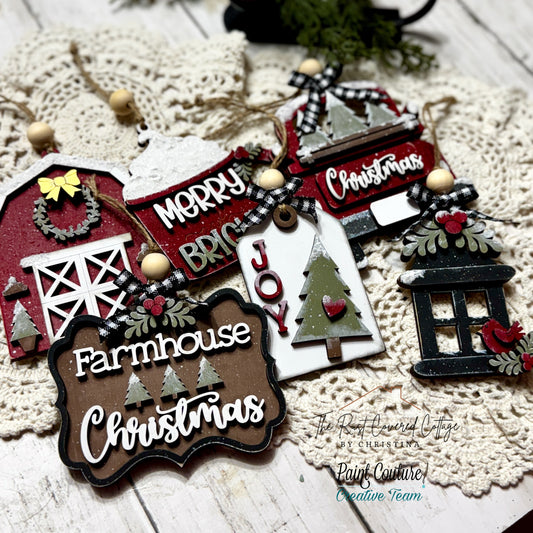 Farmhouse Christmas Ornament Set | Laser Cut DIY Wood Kit | 1/4" Birch, 6-Piece Unfinished