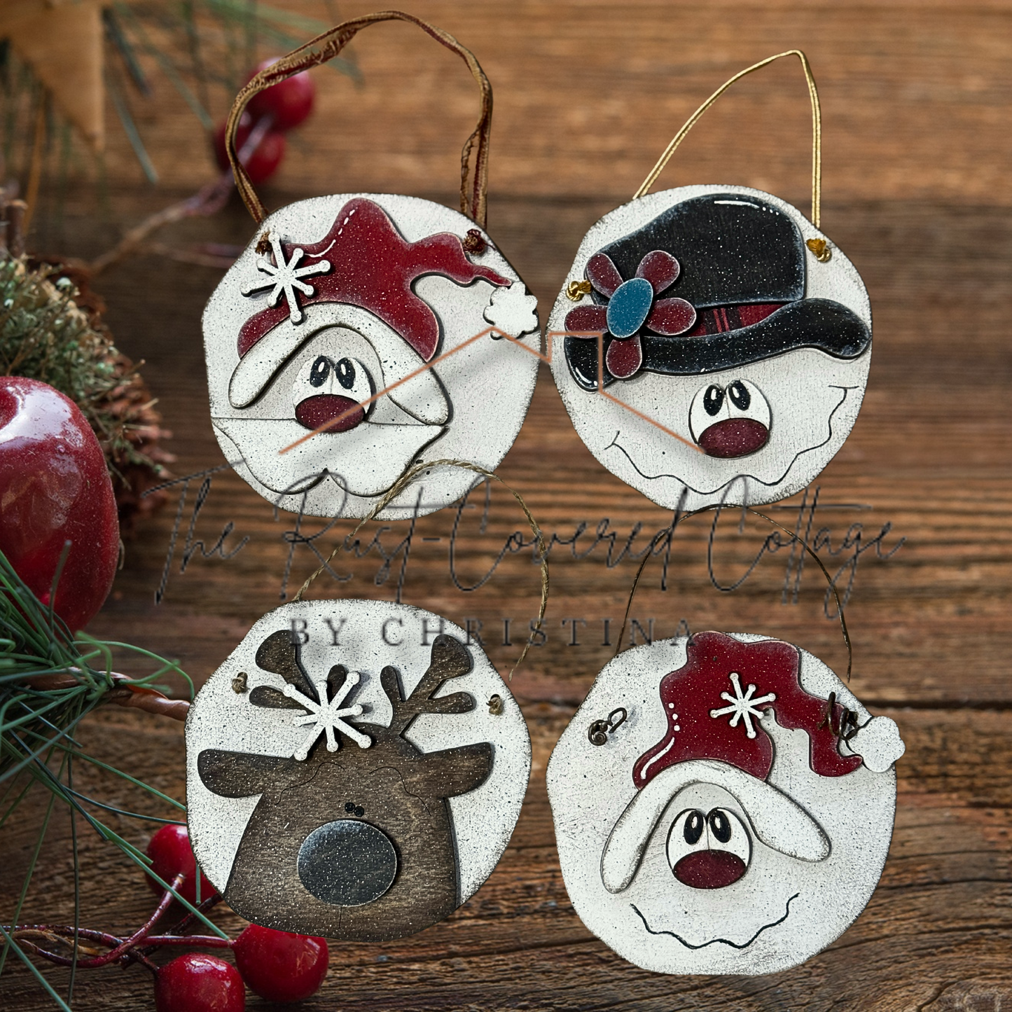 Whimsical Holiday Ornament Set | Snowman, Santa, Reindeer, & Snowball | Laser-Cut Wood Decorations