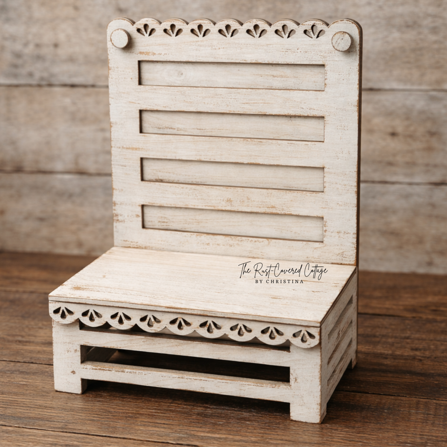 Farmhouse Chair Display with Scallop Trim | DIY Wood Display