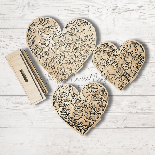 Flourish Hearts DIY Wood Kit | Set of 3 – 6”, 5.25”, 4.75”, Laser Cut Birch"