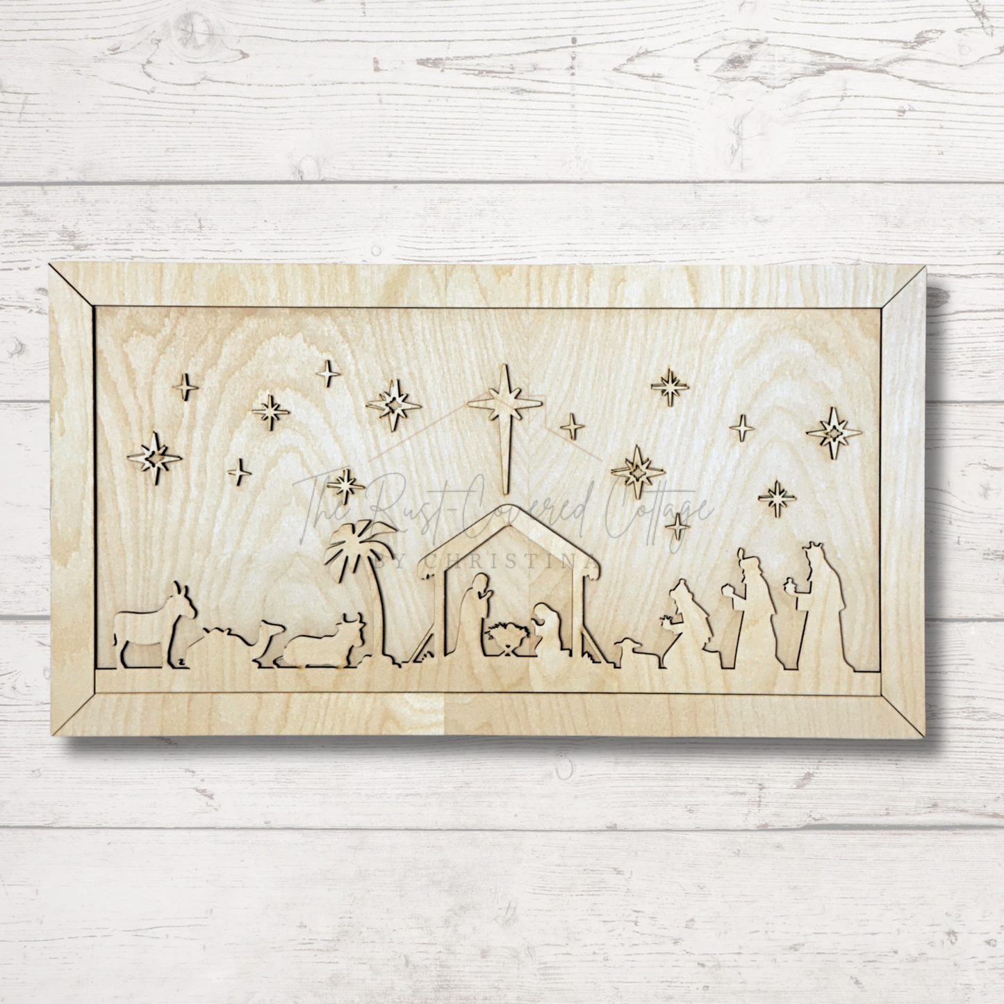 Framed Nativity Scene | 9.25" x 17" | Laser Cut Birch Christmas Decor