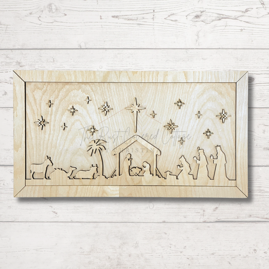 Framed Nativity Scene | 9.25" x 17" | Laser Cut Birch Christmas Decor