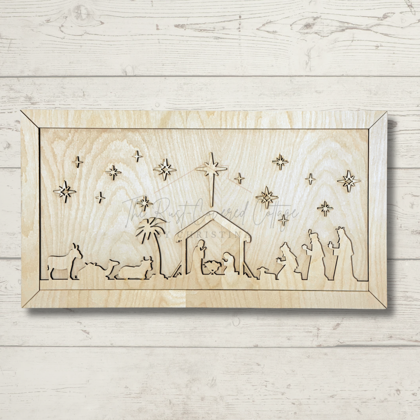 Framed Nativity Scene | 9.25" x 17" | Laser Cut Birch Christmas Decor