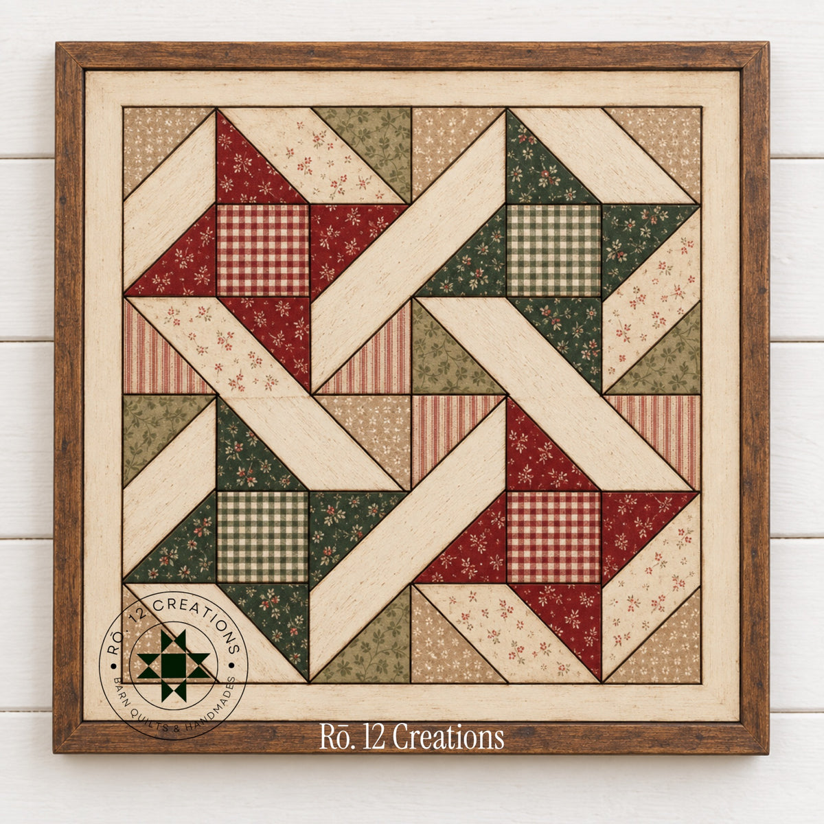 Finished Friendship Stars Quilt Block by Rō.12 Creations in red green cream and neutral Christmas colors