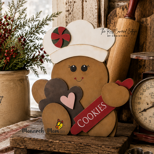 Gingerbread Baker Shelf Sitter | Laser Cut Birch Christmas DIY Wood Kit (10”)