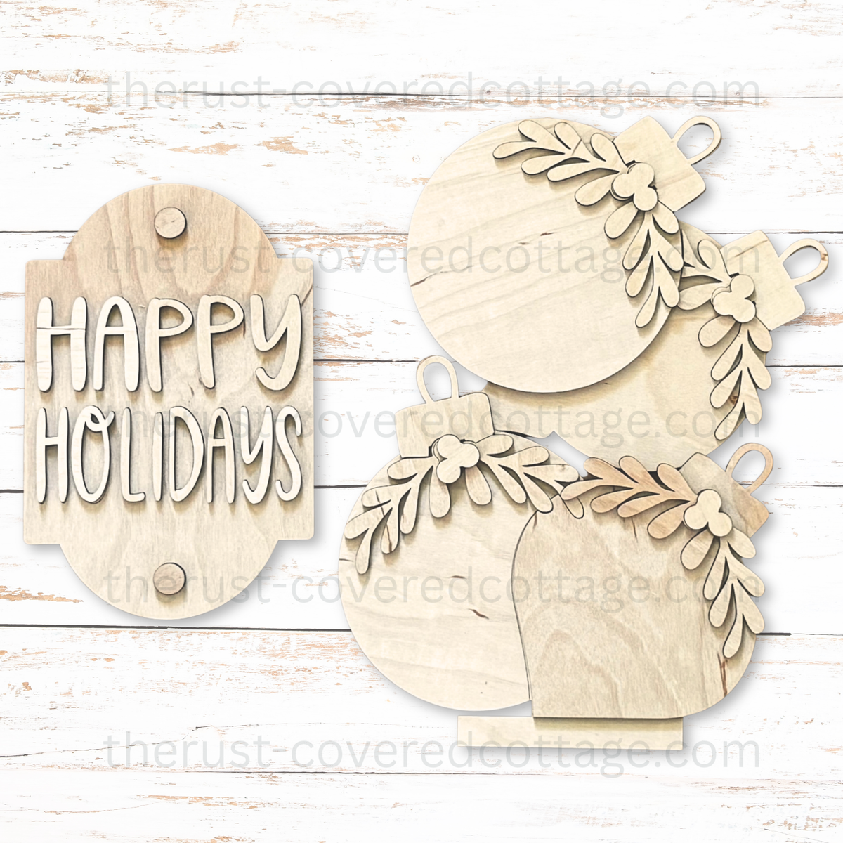 Happy Holidays Porch Leaner Insert unfinished DIY wood kit with layered Christmas ornaments