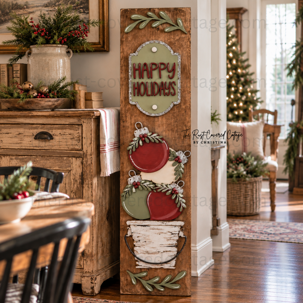 Finished Happy Holidays Porch Leaner Insert with red green and cream ornaments greenery and berries