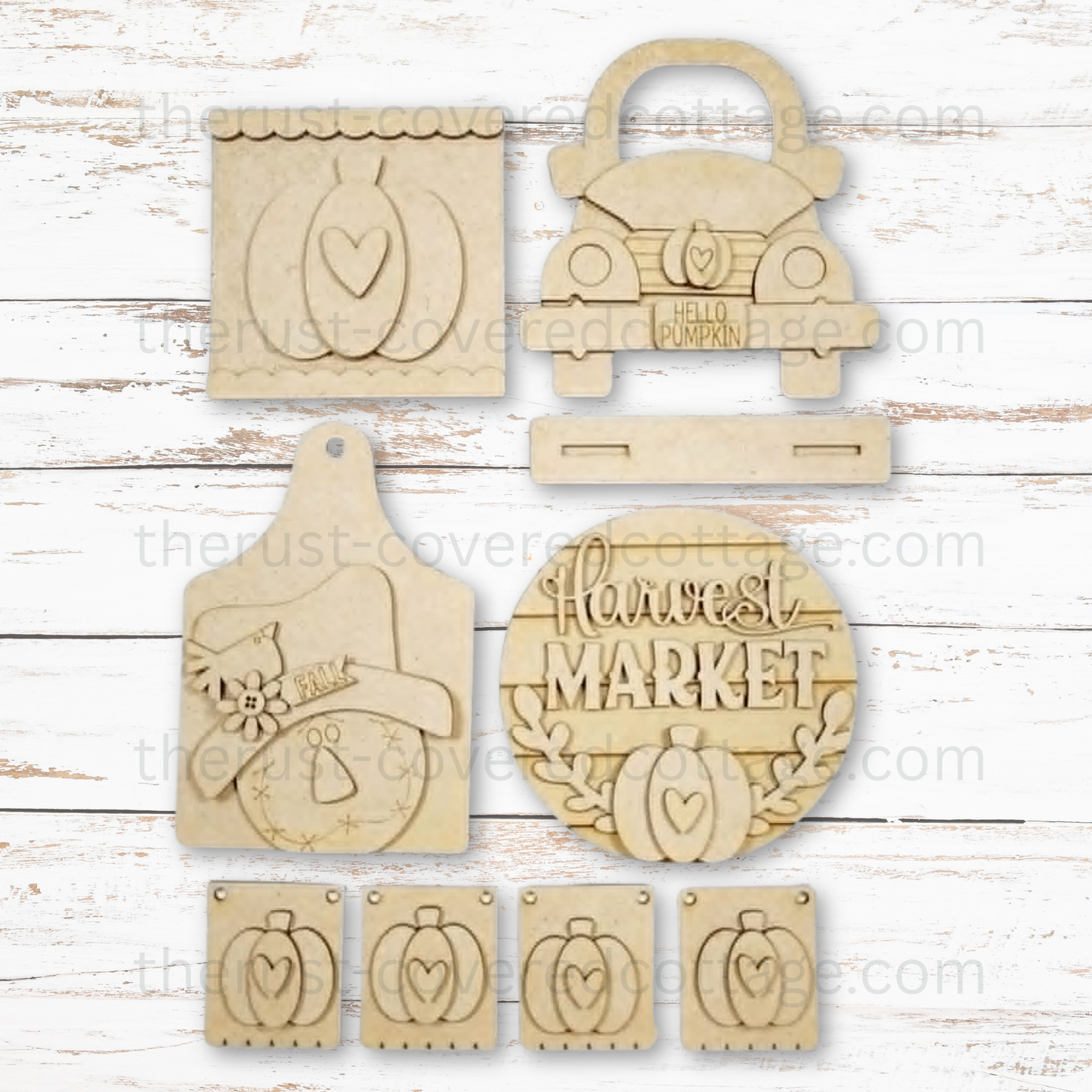 Harvest Pumpkin Decor Set unfinished DIY wood kit featuring pumpkin signs, a vintage car, scarecrow cutting board and four-piece pumpkin banner