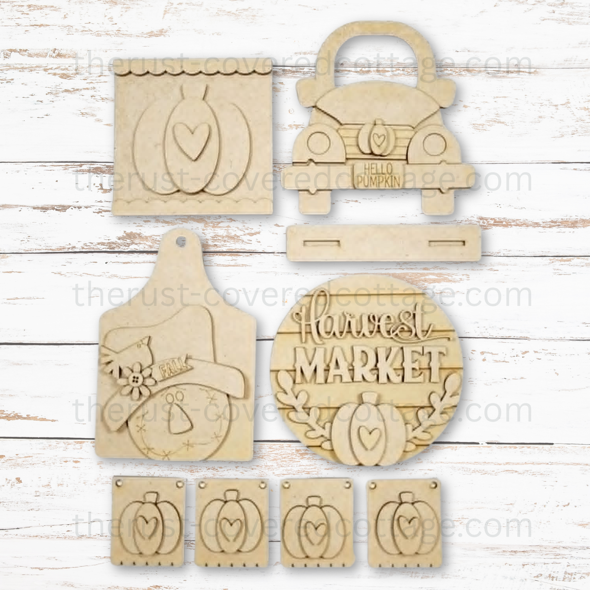 Harvest Pumpkin Decor Set unfinished DIY wood kit featuring pumpkin signs, a vintage car, scarecrow cutting board and four-piece pumpkin banner