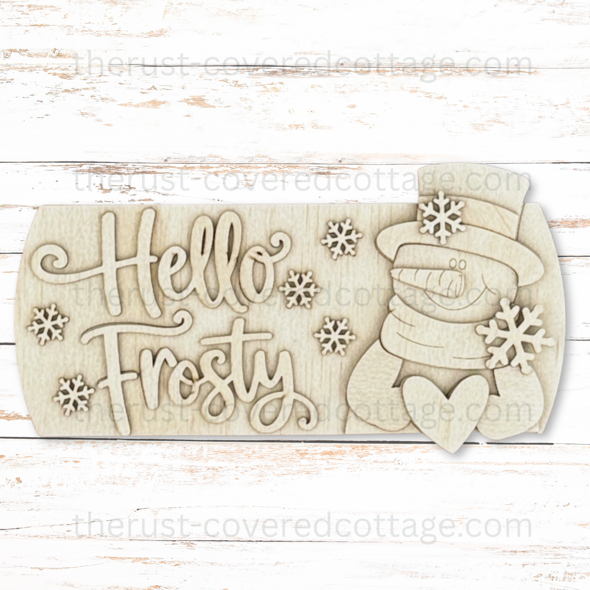 Unfinished Hello Frosty Interchangeable Round Insert with a smiling snowman in a top hat and scarf, a heart, and scattered snowflakes.