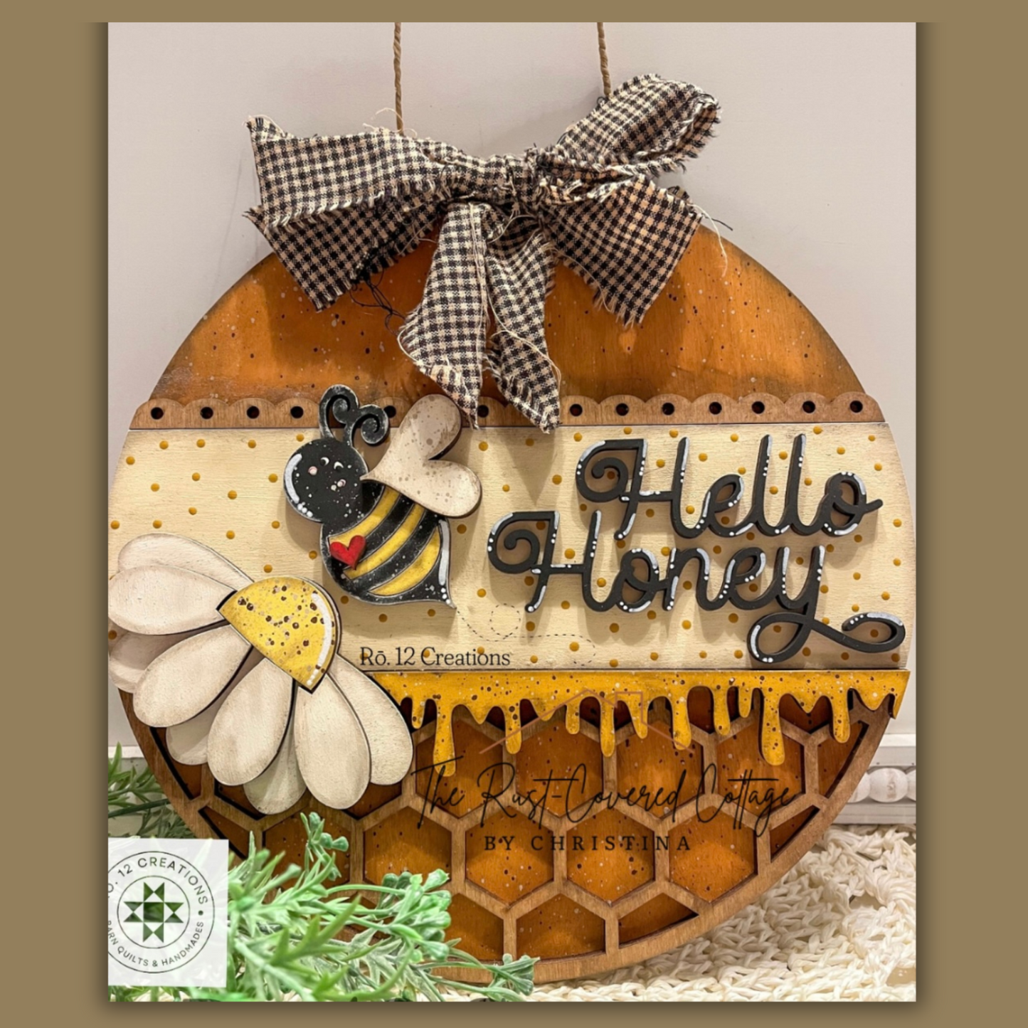 Hello Honey Bee Door Hanger – Laser Cut Wood Round in 10.5" or 15"