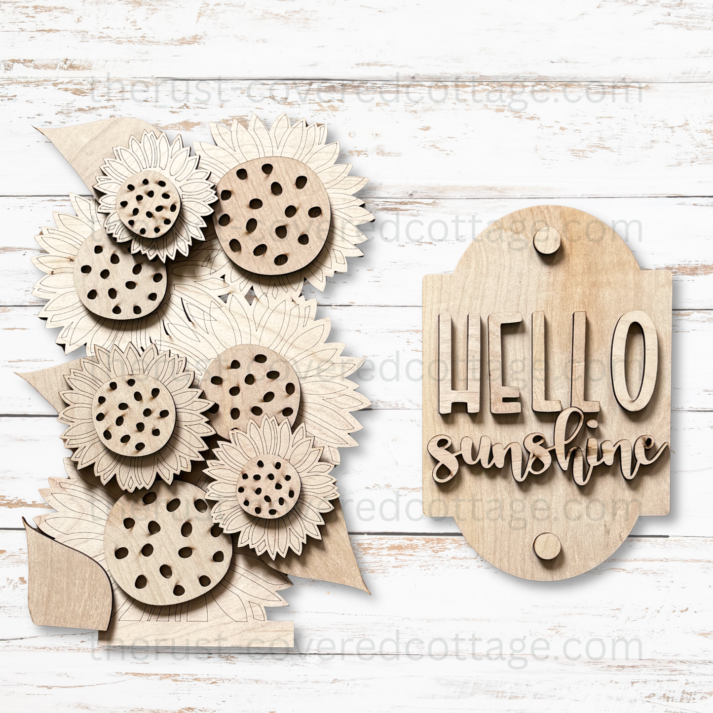 Unfinished Hello Sunshine Porch Leaner Insert DIY wood kit featuring layered sunflowers, leaves and a coordinating sign
