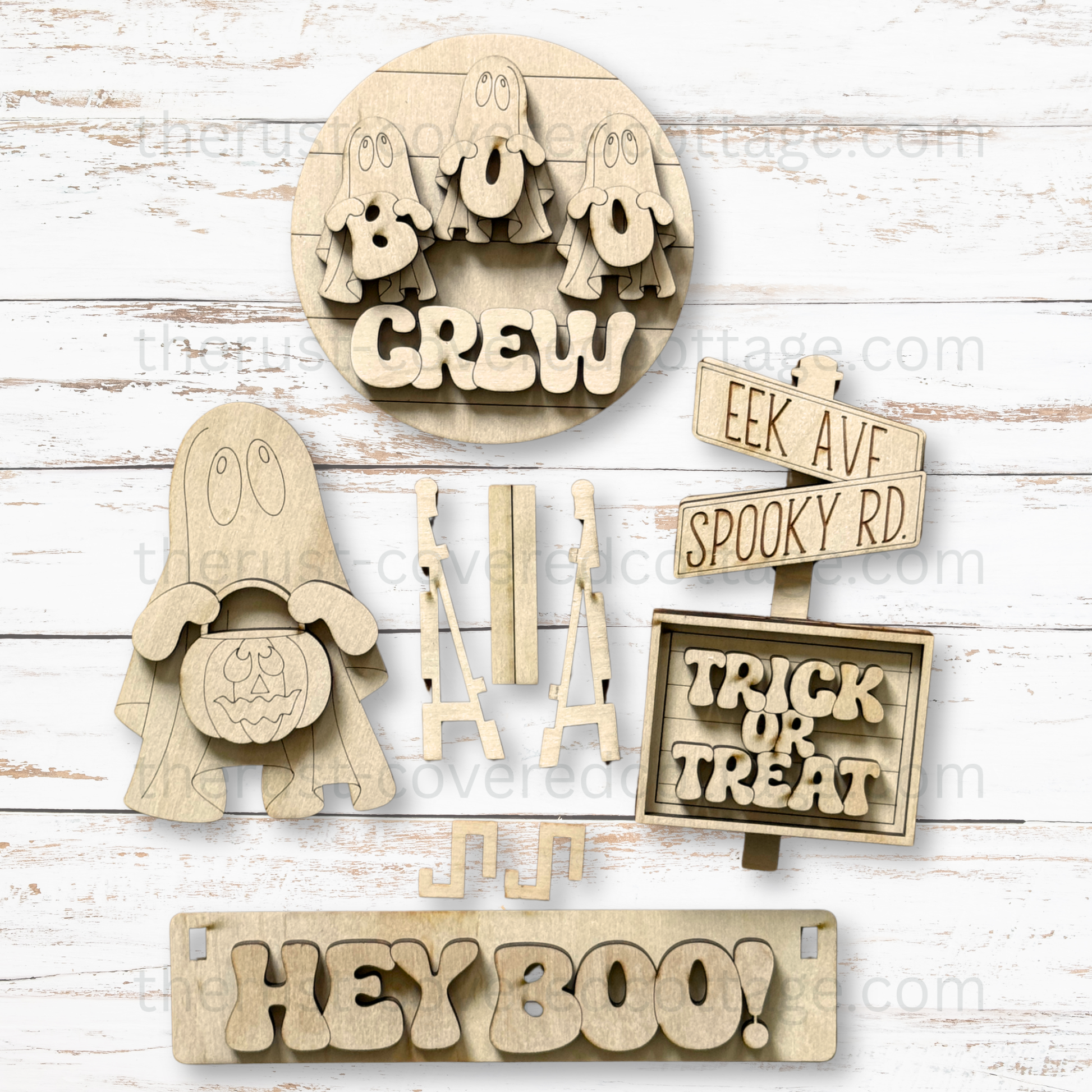 Unfinished Hey Boo Wagon Insert DIY wood kit featuring layered ghosts, Halloween signs and coordinating accent pieces