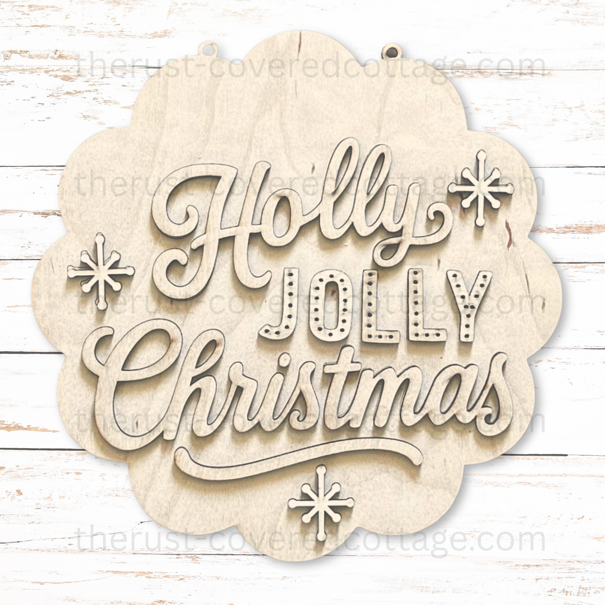 Unfinished Holly Jolly Christmas Hanging Sign wood kit with scalloped plaque, script lettering, dotted JOLLY letters and three snowflake accents.