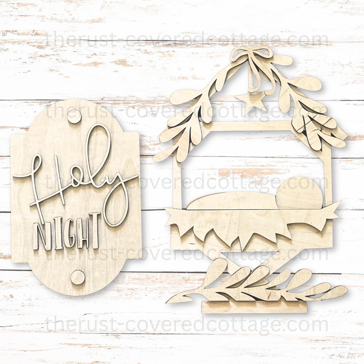 Holy Night Porch Leaner Insert unfinished DIY wood kit with nativity manger star and greenery