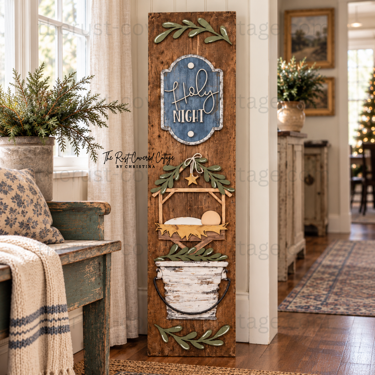 Finished Holy Night Porch Leaner Insert with nativity manger star and greenery