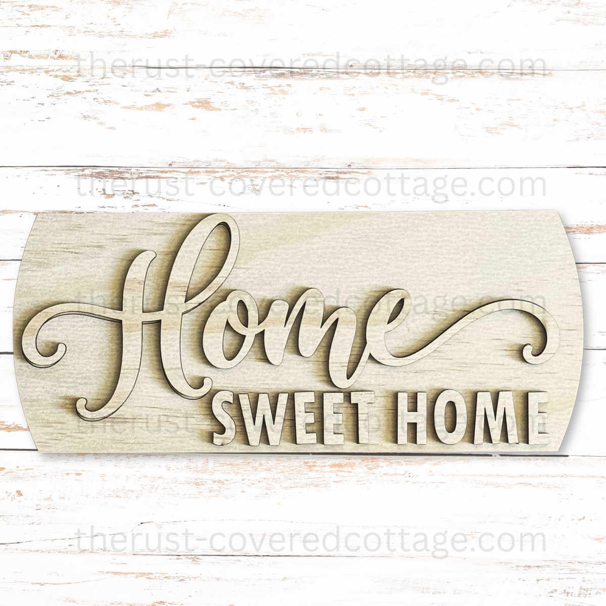 Unfinished Home Sweet Home Interchangeable Round Insert with large flowing Home script above bold uppercase SWEET HOME lettering.