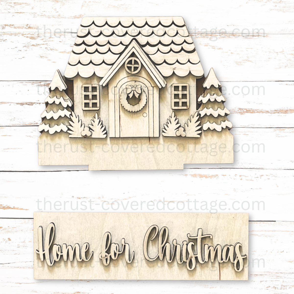 Home for Christmas Insert unfinished DIY wood kit with Christmas cottage evergreen trees and Home for Christmas word strip