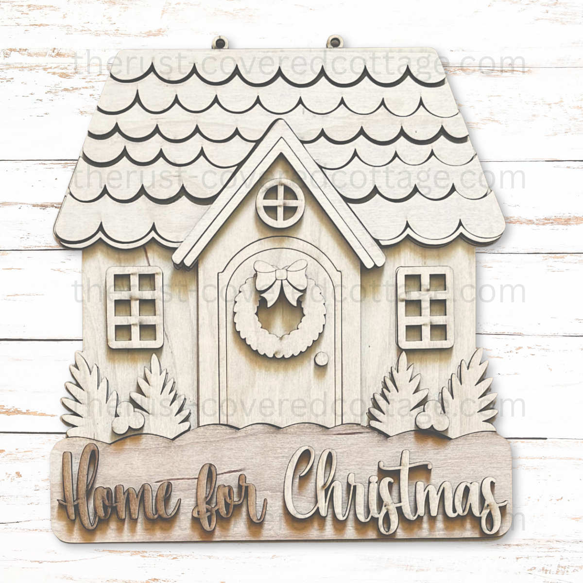 Unfinished Home For Christmas Hanging Sign wood kit with house shape, scalloped roof, windows, wreath on the door, leaf-and-berry accents and script lettering.