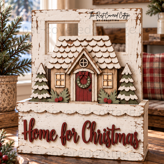 Home for Christmas Insert displayed in Cottage Window Box with layered Christmas cottage wreath and evergreen trees
