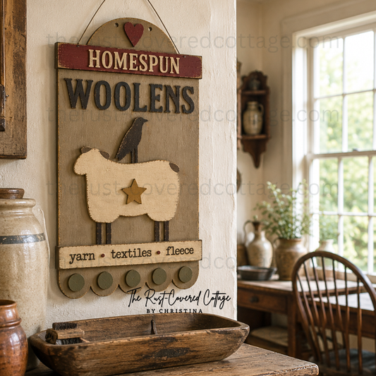 A rustic wooden wall sign hanging in a cottage-style room, featuring the words “HOMESPUN WOOLENS” with a sheep silhouette, bird, and text reading “yarn • textiles • fleece.”.