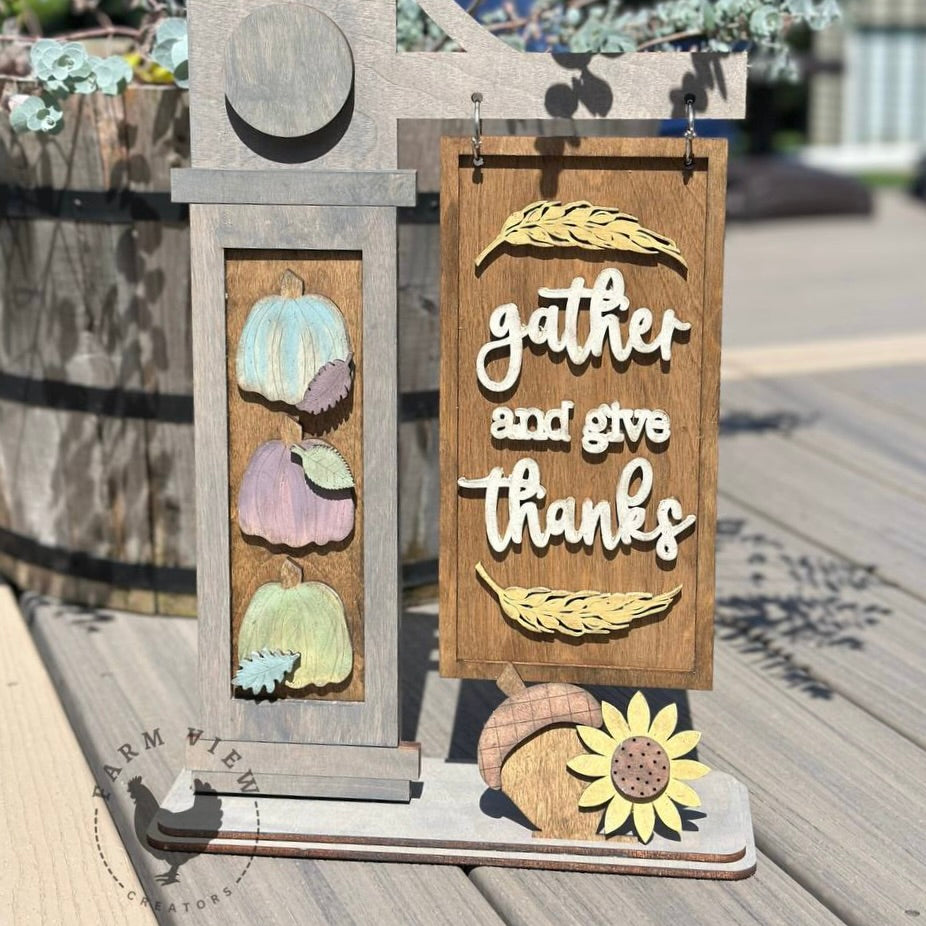 Gather & Give Thanks | Fall Insert for Interchangeable Standing Sign Post – Unfinished DIY Wood Kit