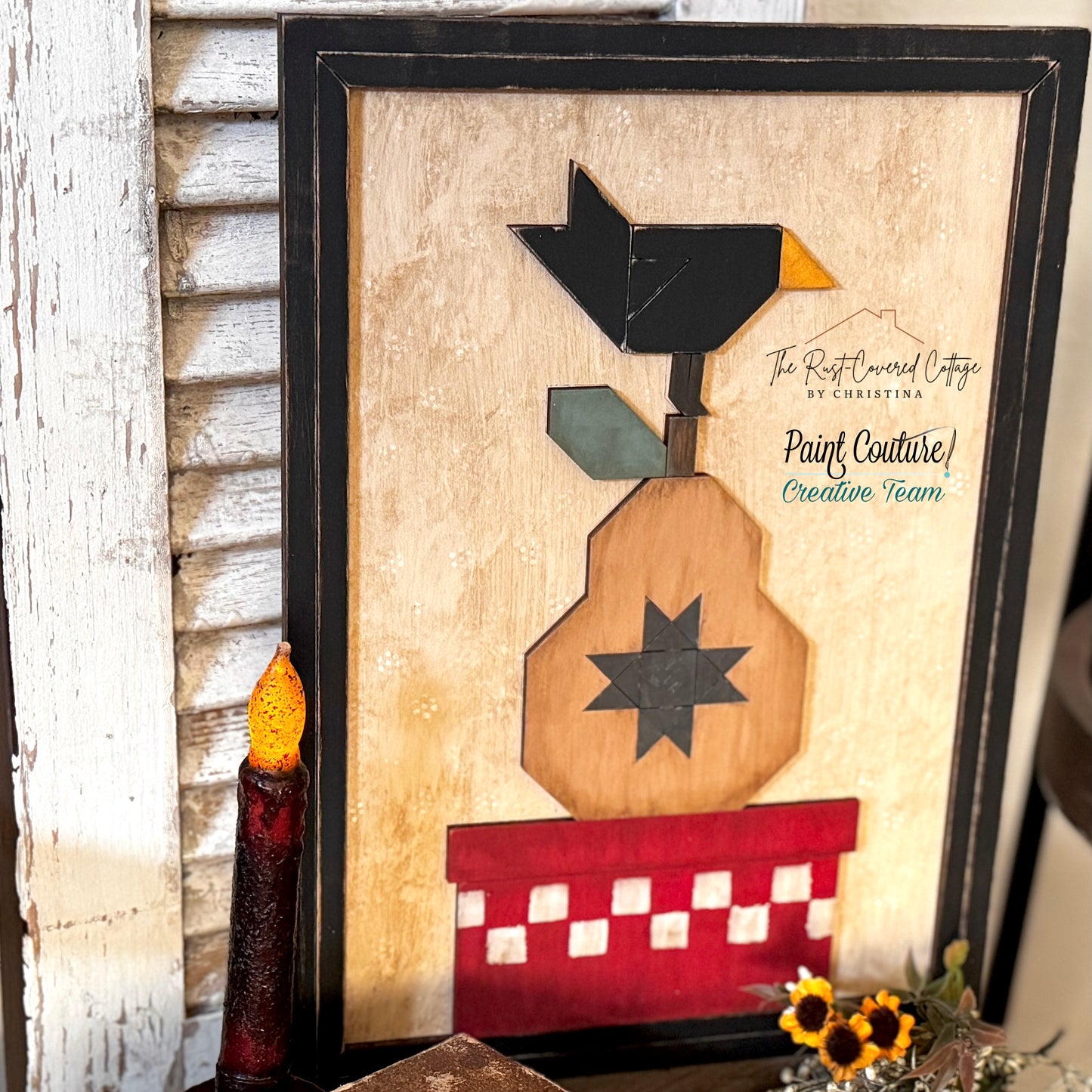 Primitive Pear & Crow Stacker Quilt Block – Laser Cut Wood Kit, 14" x 10" | 1/4" Birch