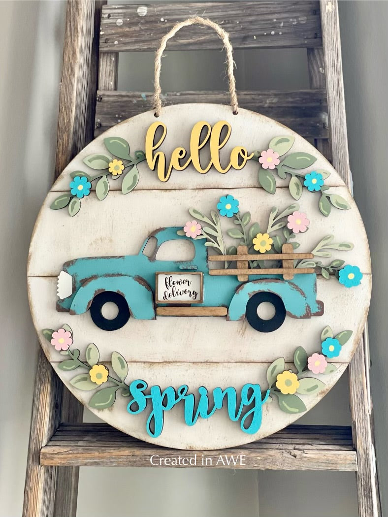 Hello Spring- Vintage Truck door hanger