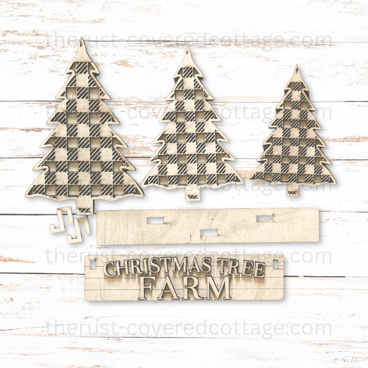 Christmas Tree Farm Insert unfinished DIY wood kit with three Christmas trees and coordinating sign pieces
