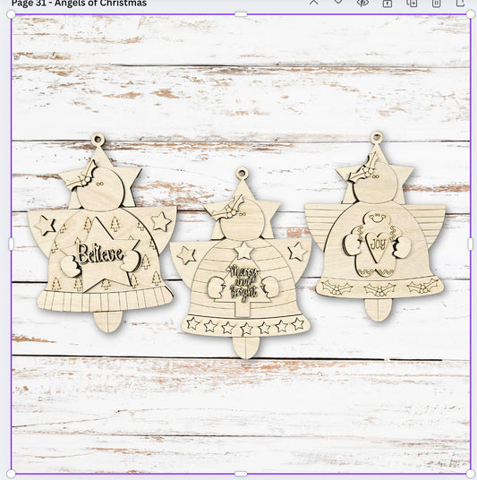 Primitive Christmas Angel Trio | Laser Cut Wood Ornament Set | Believe, Merry & Bright, Joy | 1/4" Birch, Unfinished