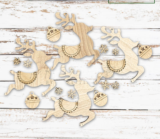Set of 4 Reindeer Ornaments DIY Wood Kit | Laser Cut Birch
