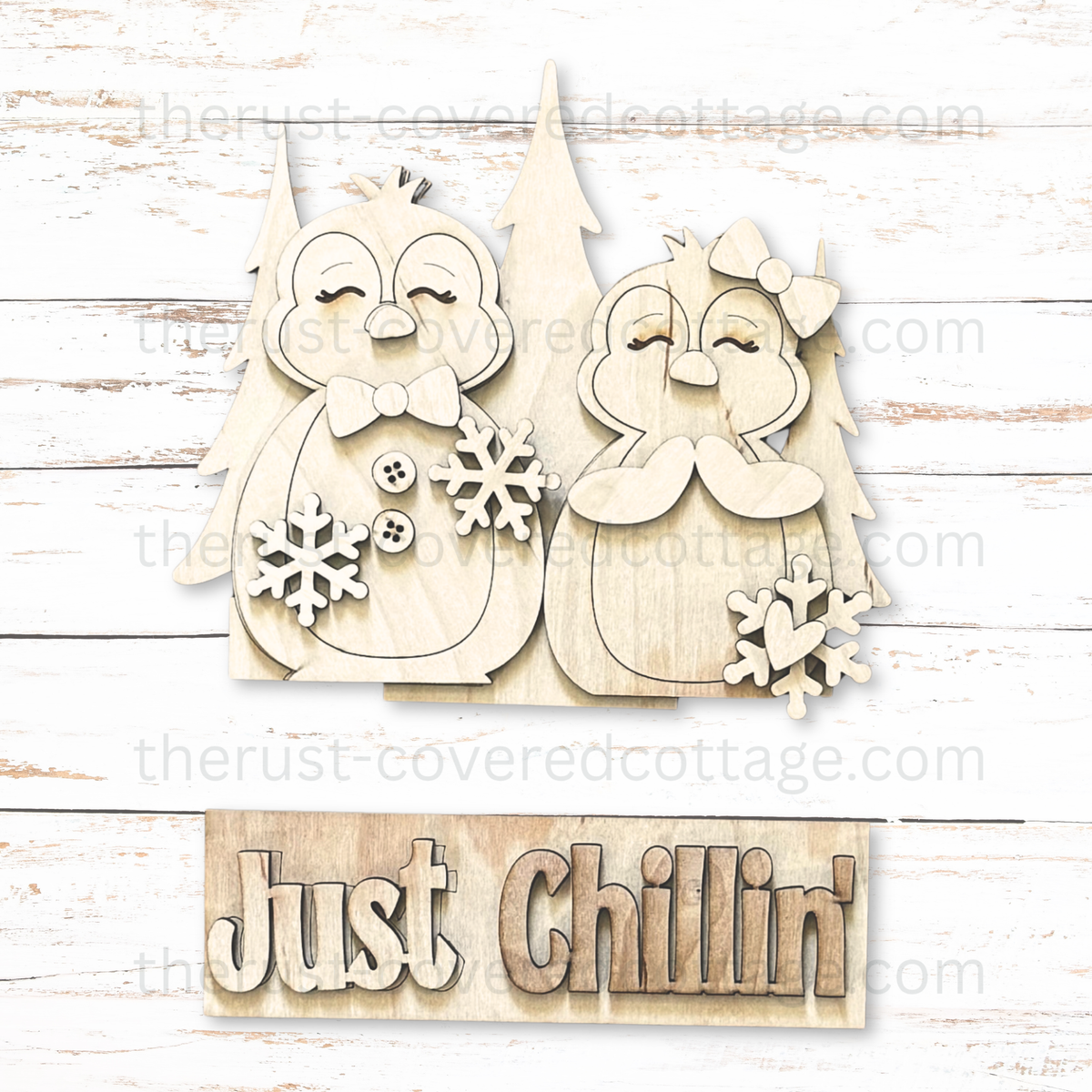 Just Chillin' Insert unfinished DIY wood kit with two penguins snowflakes and Just Chillin' word strip