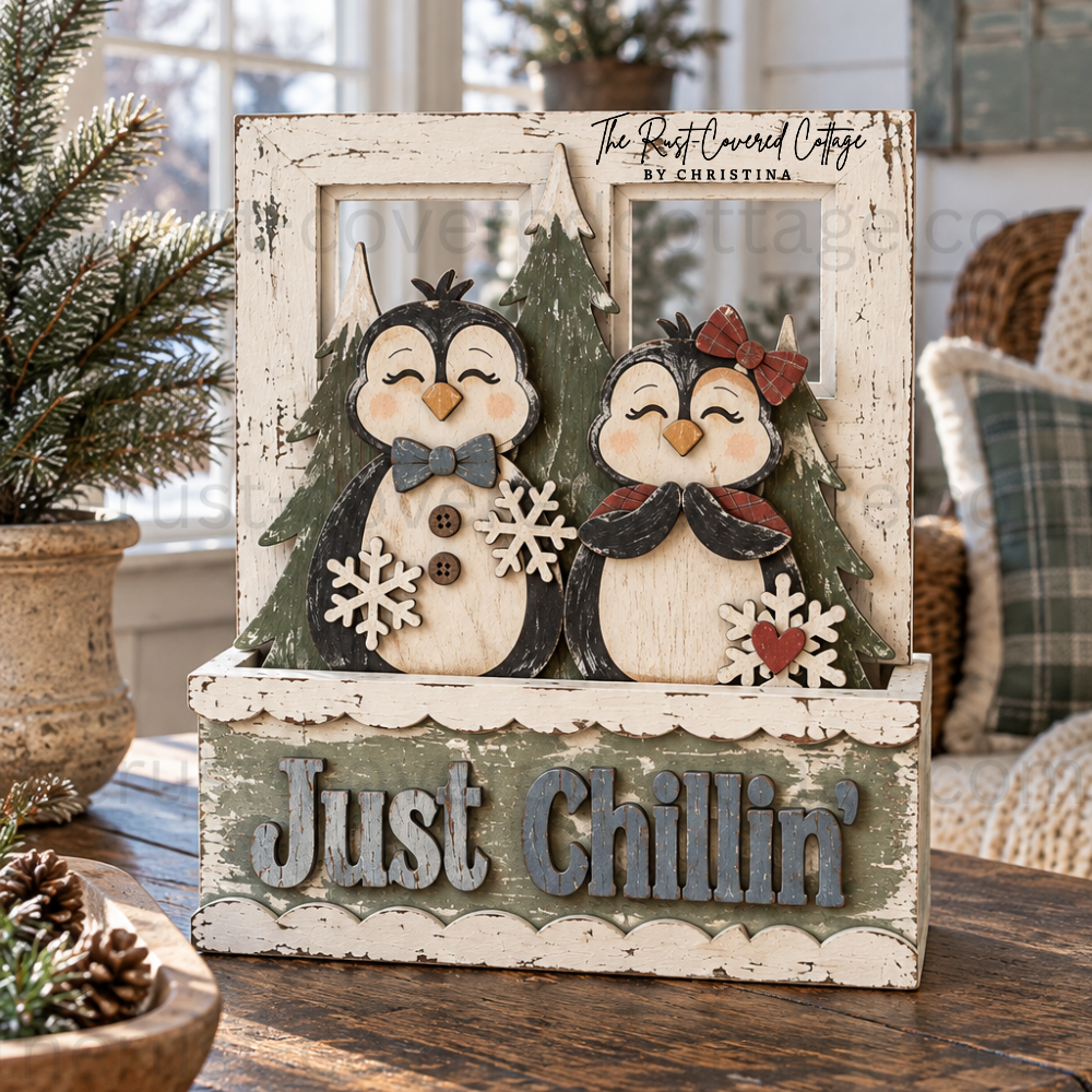 Just Chillin' Insert displayed in Cottage Window Box with two penguins evergreen trees and snowflakes