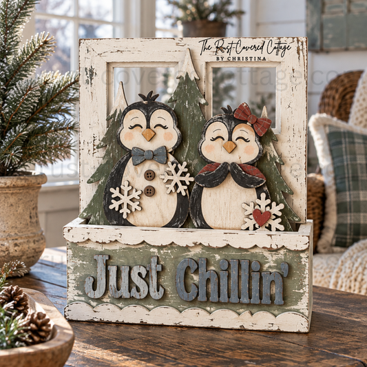 Just Chillin' Insert displayed in Cottage Window Box with two penguins evergreen trees and snowflakes
